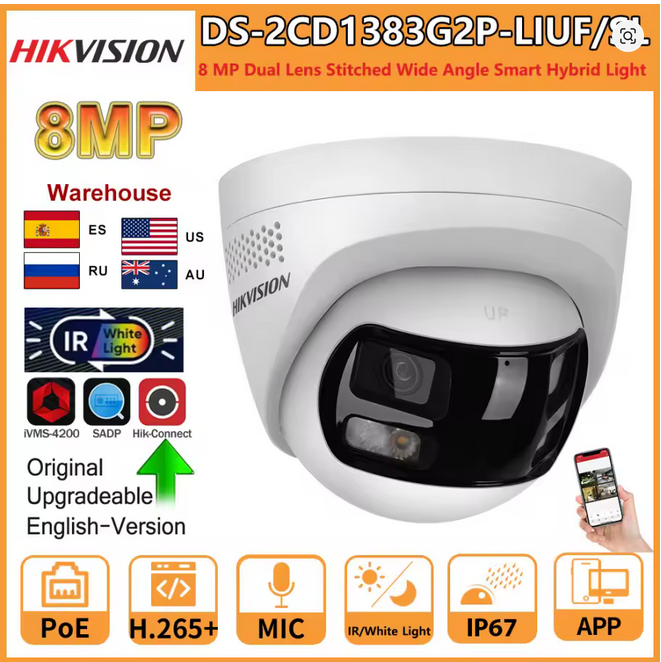 Hikvision 8MP IP Camera DS-2CD1383G2P-LIUF/SL Dual Lens 180° View Smart Hybrid Light Camera 2-way Audio Strobe Light Audio Alarm