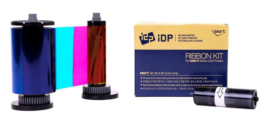 IDP Genuine SMART-21 YMCKO Consumables Kit with 1ea Color 100-Print Ink Ribbon, 100 Primus PVC Cards, and Cleaning Roller (not Compatible with IDP Solid Brand Products)